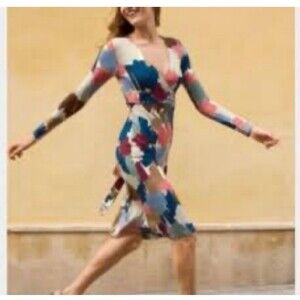 Boden Elodie Jersey Wrap Dress Collared V-Neck in Navy Size 8 Boho Artsy Coastal